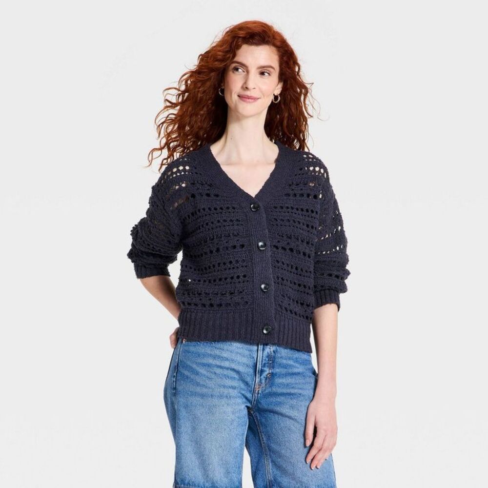 Women's Openwork Cardigan Sweater - Universal Thread Navy Blue XS